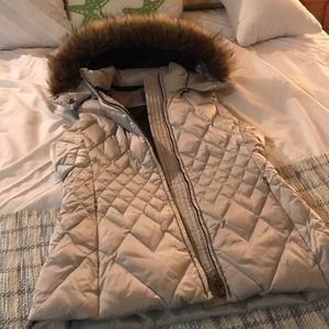 Silver Down Vest with detachable fur lined hood
